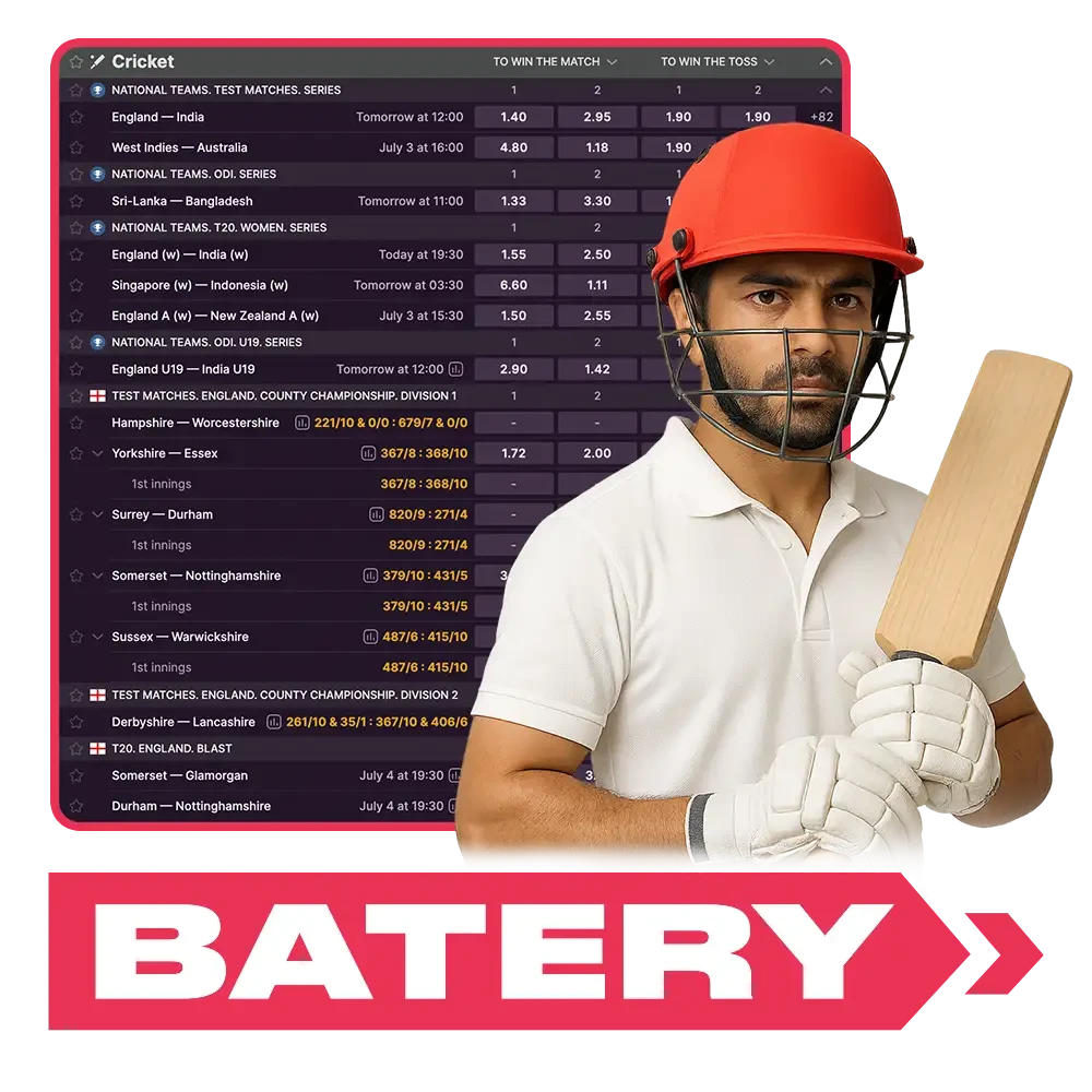 Bet on cricket matches and win more with Batery.