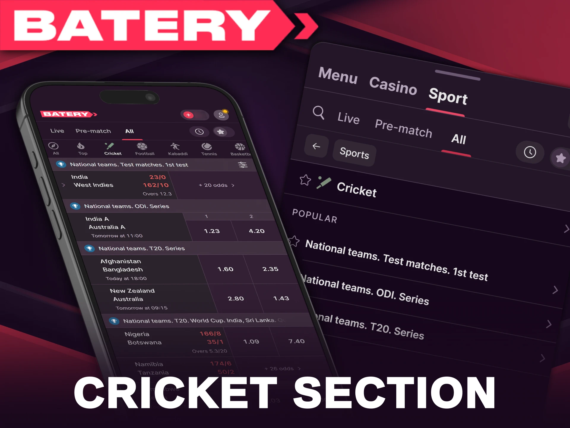 The cricket section offers a wide range of matches and tournaments.