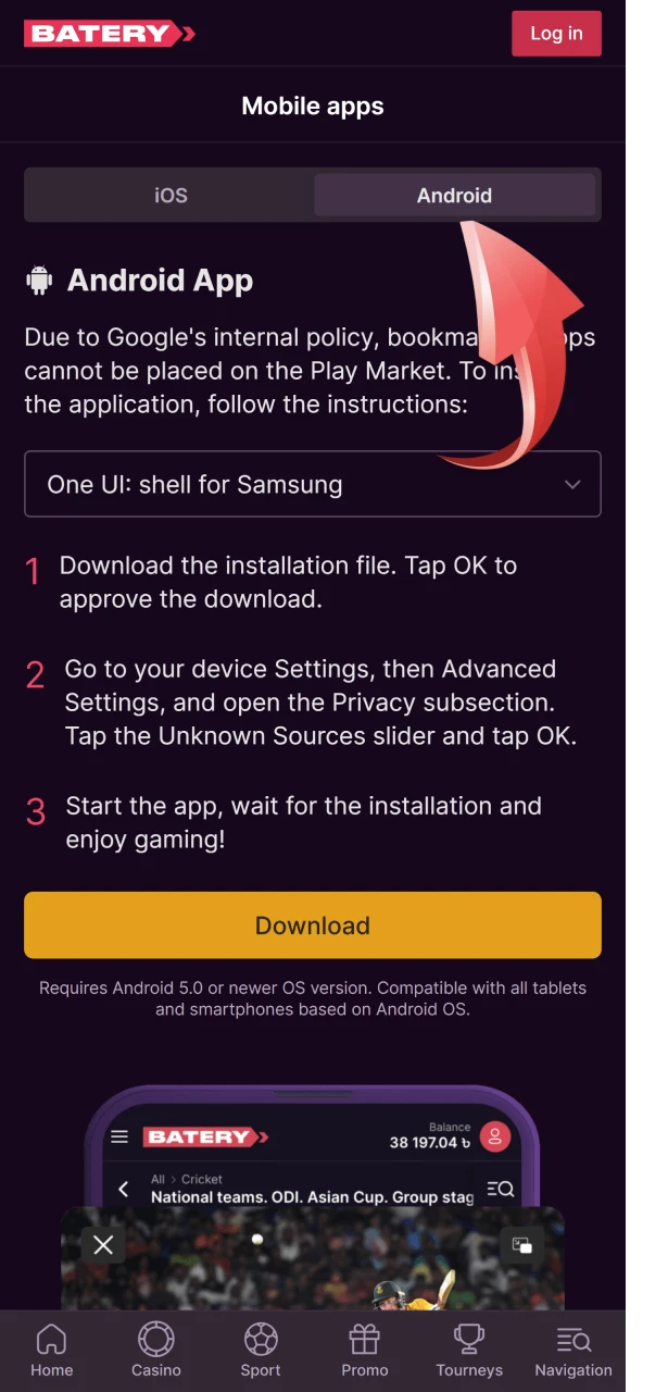 Select the Android version and download the APK file.