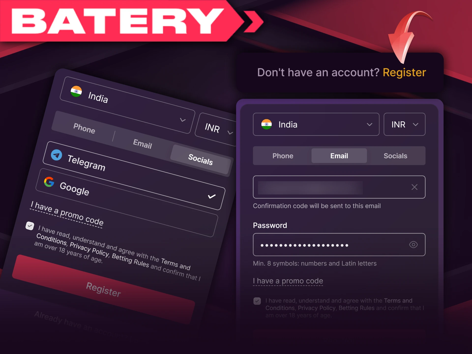 Instructions for creating an account at Batery Casino.