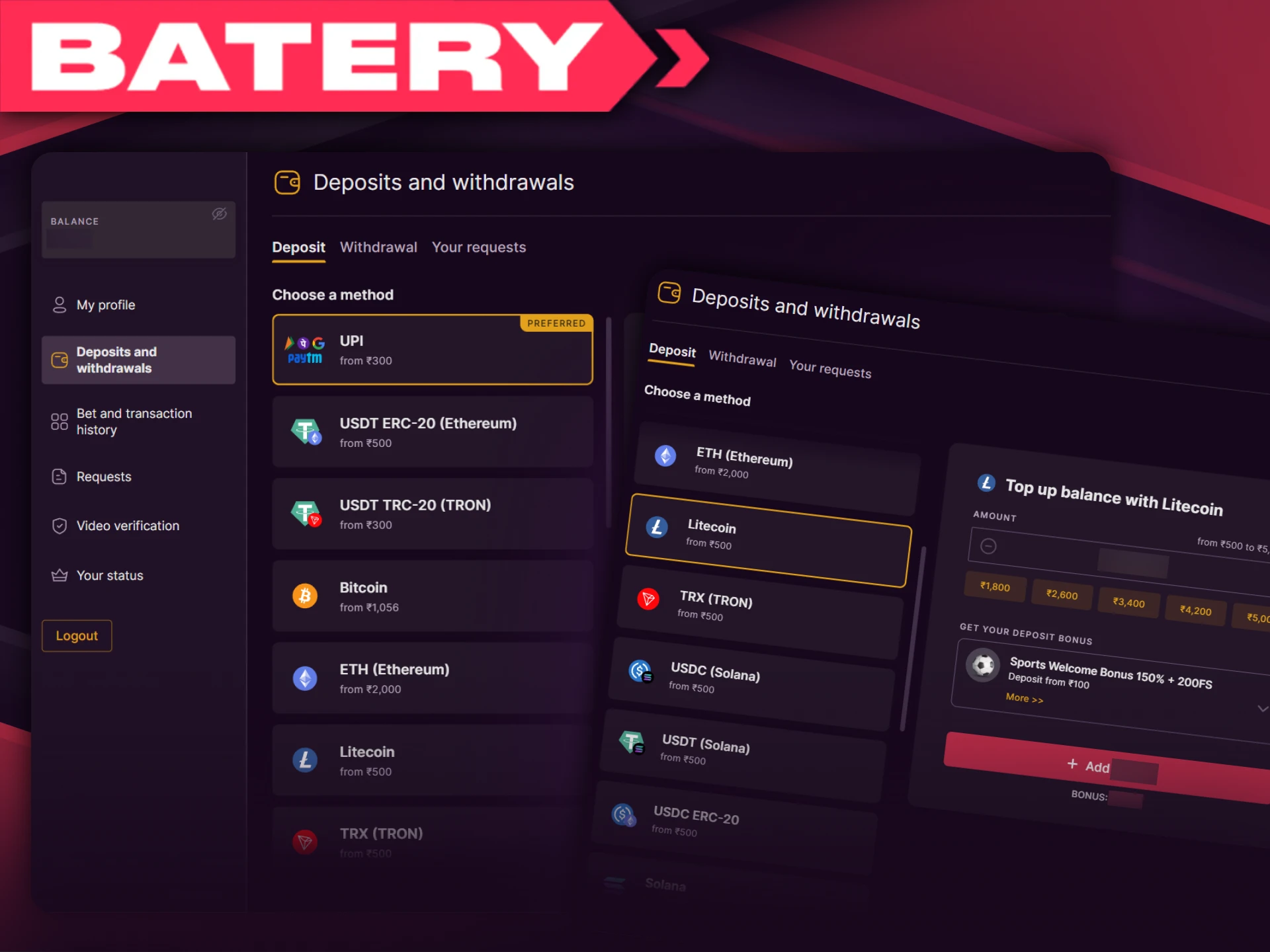 Batery provides a variety of payment methods for adding funds to your account.