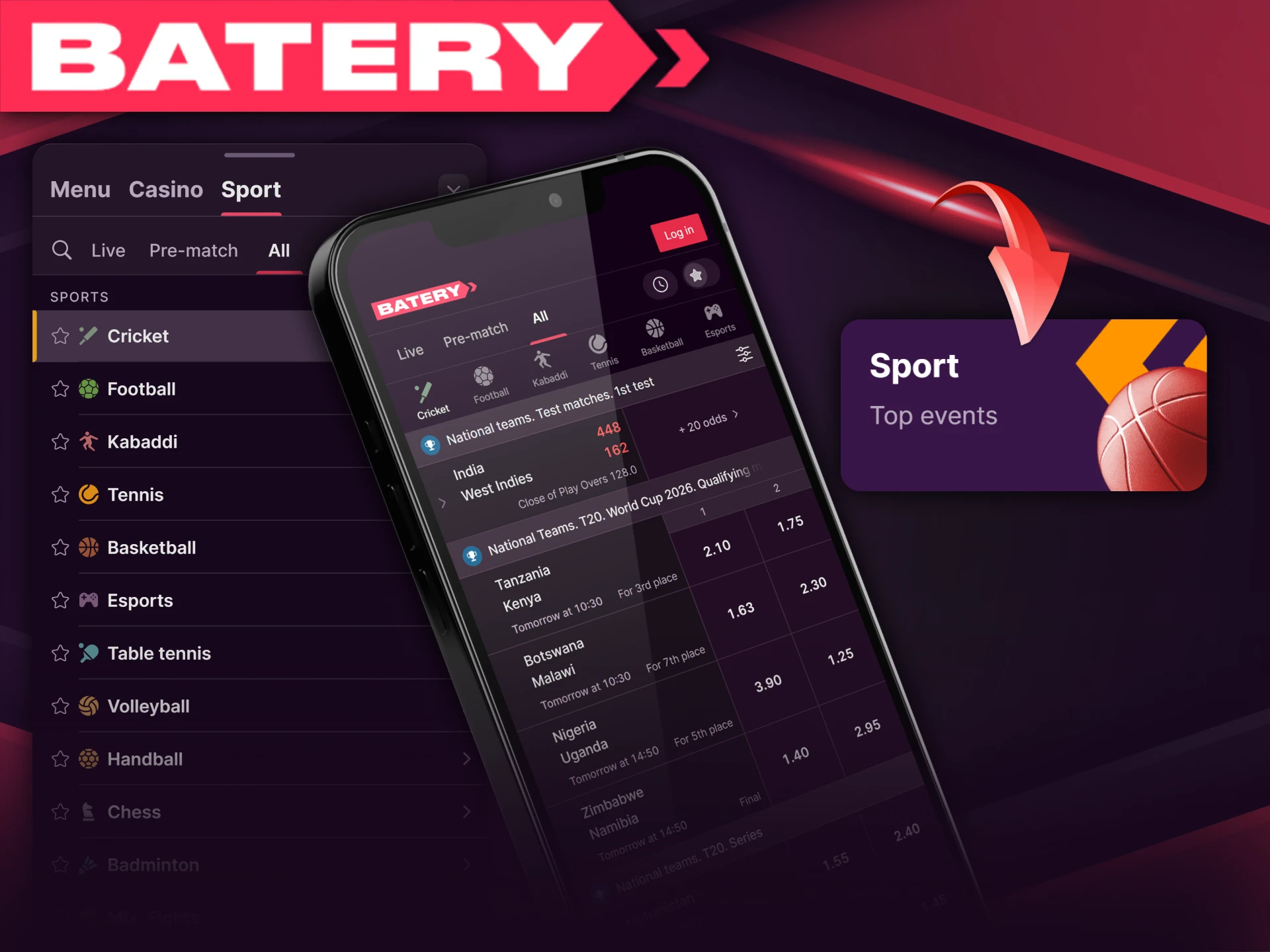 With the Batery app, customers can place bets on all the sports offered on the website.