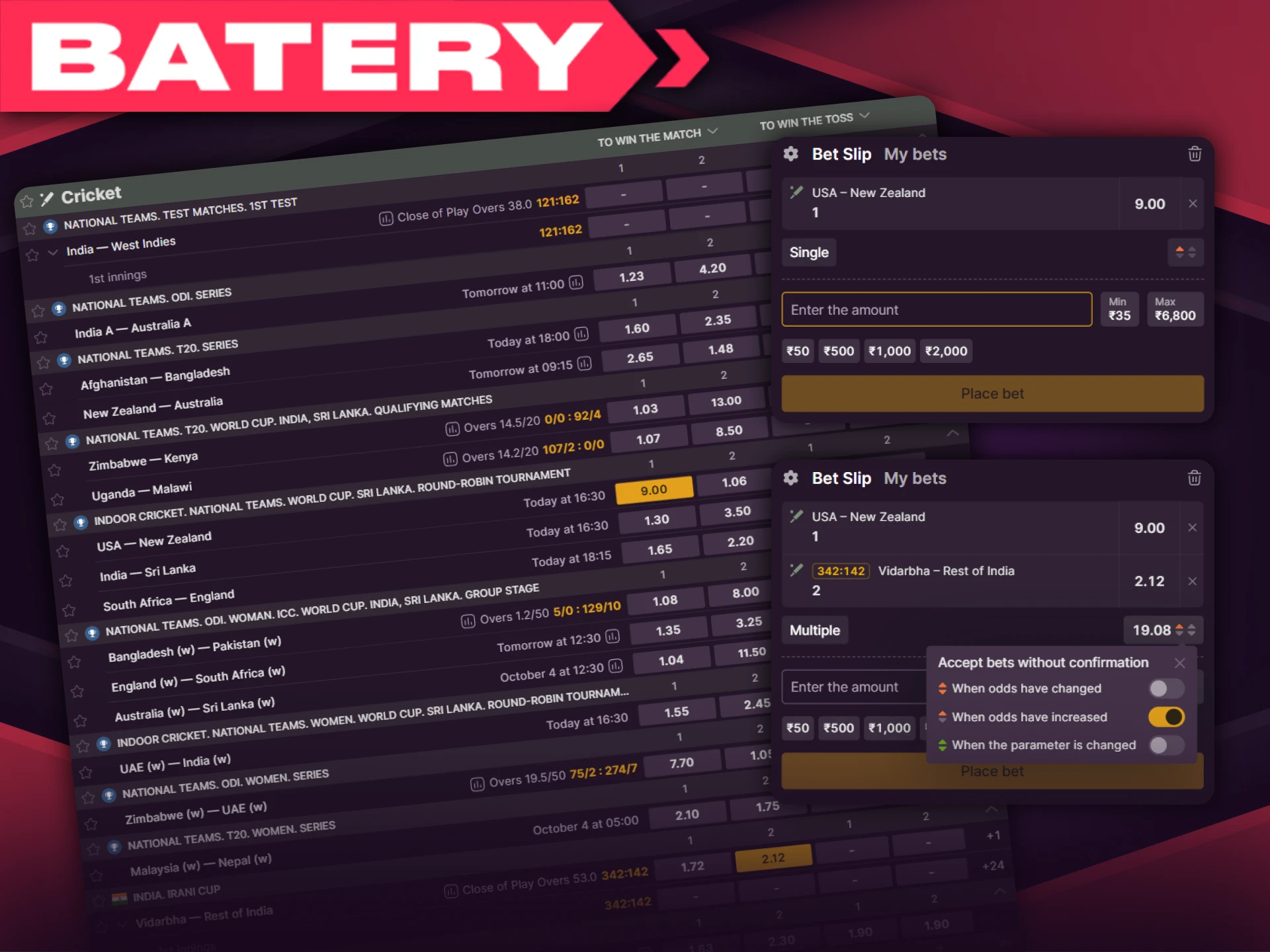 Batery offers players several betting formats.