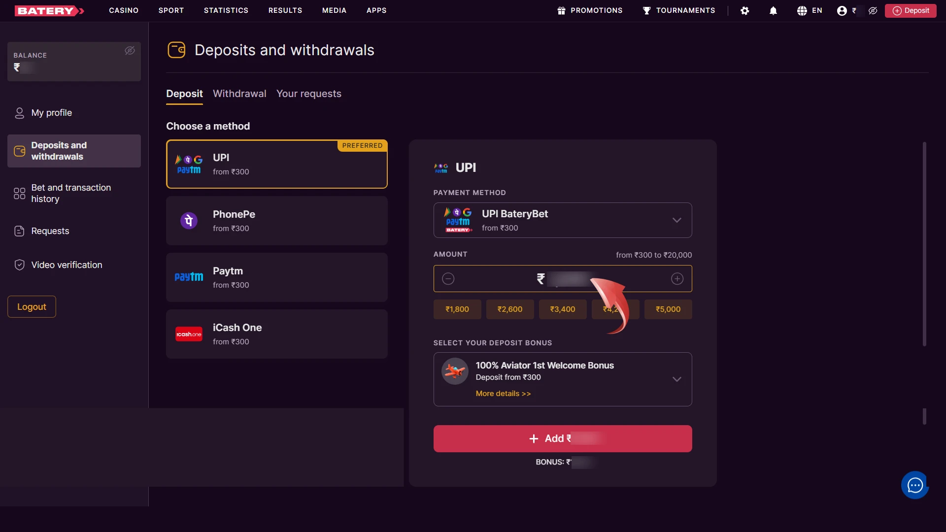 Enter the deposit amount in INR to fund your Batery account.