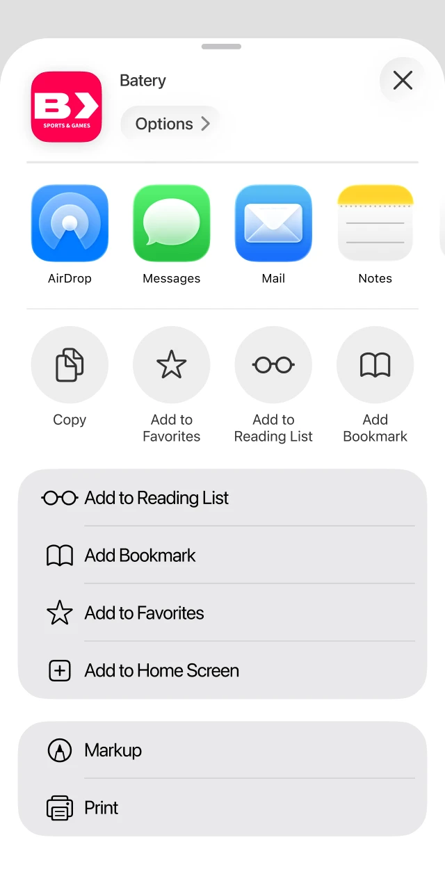 Use the Add to Home Screen option for Batery iOS access.