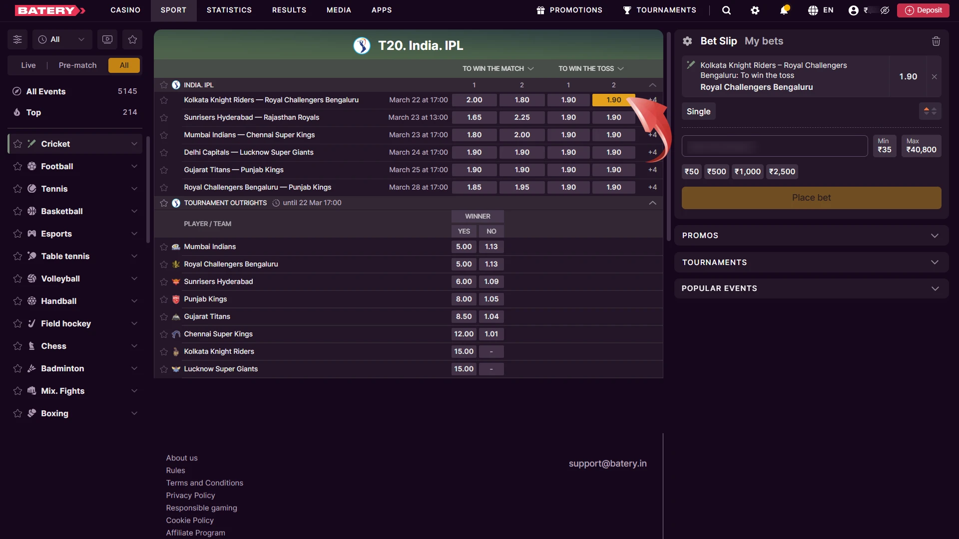 Select updated In-Play Odds for Batery IPL betting and live updates.